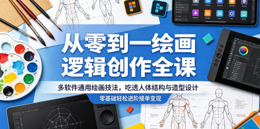 从零到一绘画逻辑创作全课，多软件通用绘画技法，吃透人体结构与造型设计，零基础轻松进阶接单变现-钱途社