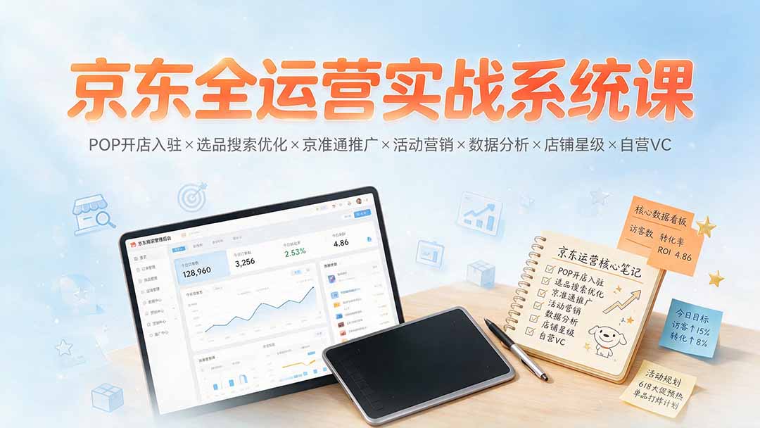 京东全运营实战系统课：POP开店入驻×选品搜索优化×京准通推广×活动营销×数据分析×店铺星级×自营VC-钱途社