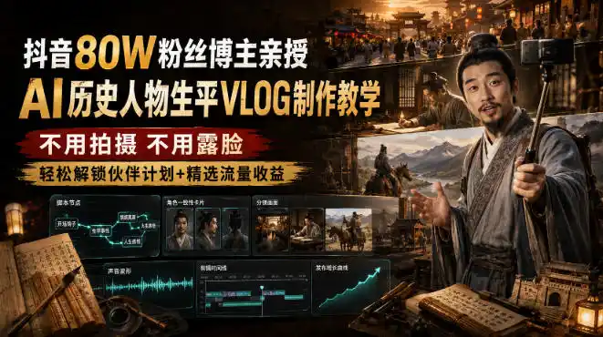 抖音80W粉丝博主的AI历史人物生平VLOG教学，不用拍摄不用露脸，AI帮你搞定，轻松解锁伙伴计划+精选收益-钱途社