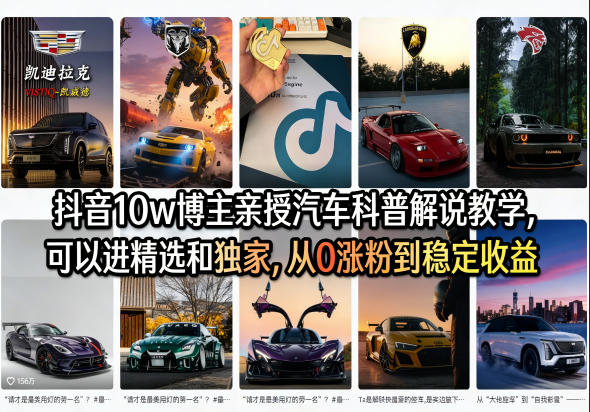抖音10w博主亲授汽车科普解说教学,可以进精选和独家,从0涨粉到稳定收益(详细视频课程+1T素材)-钱途社