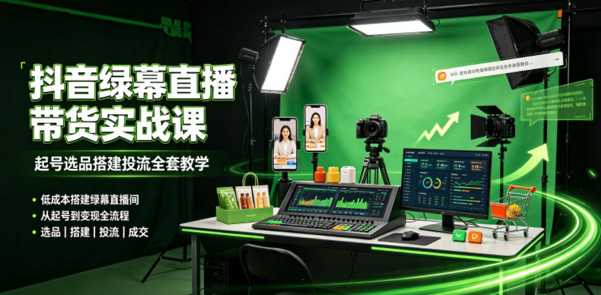 某社群抖音绿幕直播带货实战课，起号选品搭建投流全套教学，低成本搭建绿幕直播间-钱途社