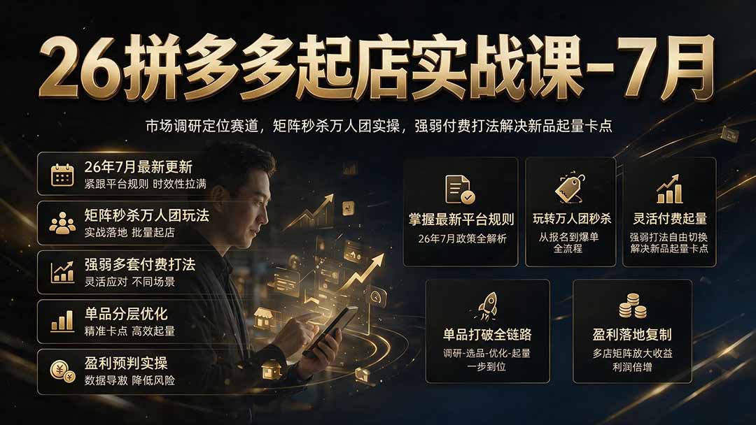 26拼多多起店实战课-7月｜市场调研定位赛道，矩阵秒杀万人团实操，强弱付费打法解决新品起量卡点-钱途社