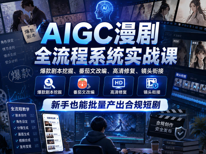 AIGC漫剧全流程系统实战课，爆款剧本挖掘、番茄文改编、高清修复、镜头衔接，新手也能批量产出合规短剧-钱途社