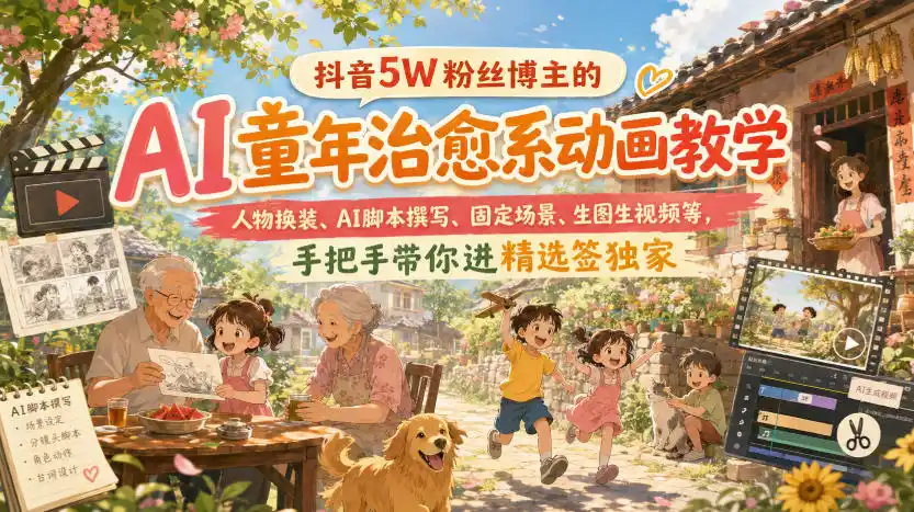 抖音5W粉丝博主的AI童年治愈系动画教学，人物换装、AI脚本撰写、固定场景、生图生视频等，手把手带你进精选签独家-钱途社