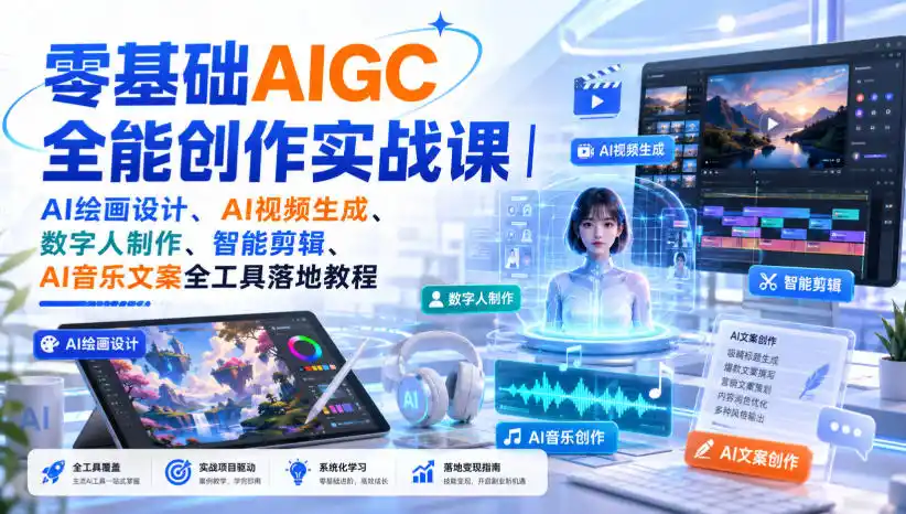 零基础AIGC全能创作实战课｜AI绘画设计、AI视频生成、数字人制作、智能剪辑、AI音乐文案全工具落地教程-钱途社