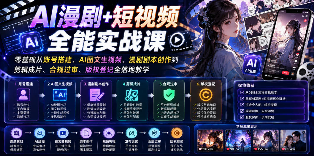 AI漫剧+短视频全能实战课｜零基础从账号搭建、AI图文生视频、漫剧剧本创作到剪辑成片、合规过审、版权登记全落地教学-钱途社