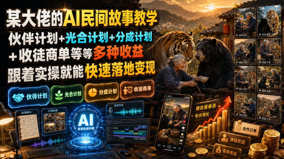 某大佬的AI民间故事教学，伙伴计划+光合计划+分成计划+收徒商单等多种收益，跟着实操就能快速落地变现-钱途社