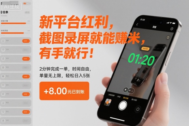 新平台红利，截图录屏就能賺米，有手就行！2分钟完成一单，时间自由，单量无上限，轻松日入5张【揭秘】-钱途社
