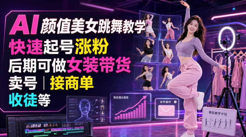 AI颜值美女跳舞教学，快速起号涨粉，后期可做女装带货，卖号，接商单，收徒等-钱途社