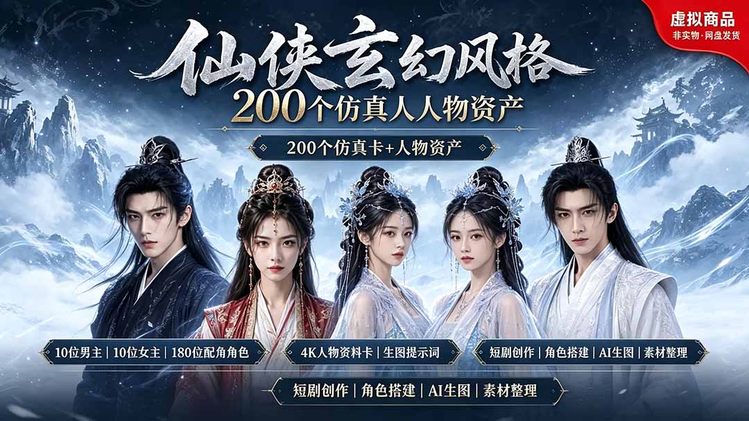200个仙侠玄幻仿真人素材◆10男主×10女主×180配角，4K资料卡+AI生图提示词，漫剧必备-钱途社