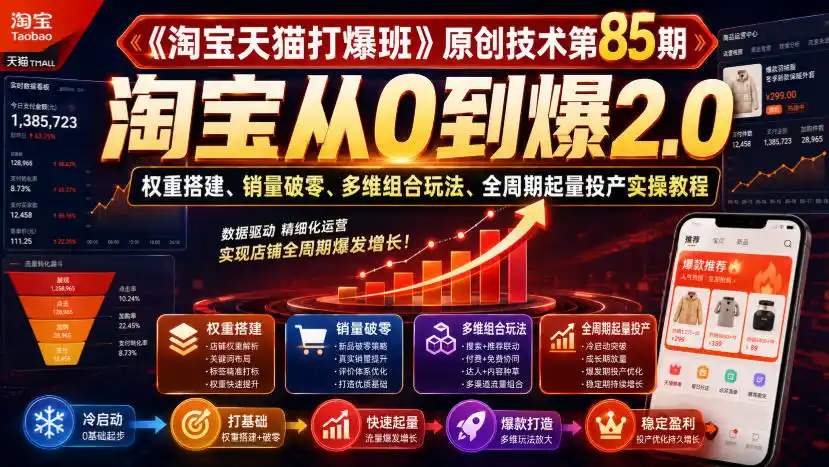 《淘宝天猫打爆班》原创技术第85期，淘宝从0到爆2.0，权重搭建、销量破零、多维组合玩法、全周期起量投产实操教程-钱途社