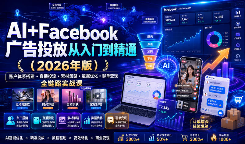 AI+Facebook广告投放从入门到精通(2026年版)｜账户体系搭建・直播投流・素材策略・数据优化・聊单变现全链路实战课-钱途社