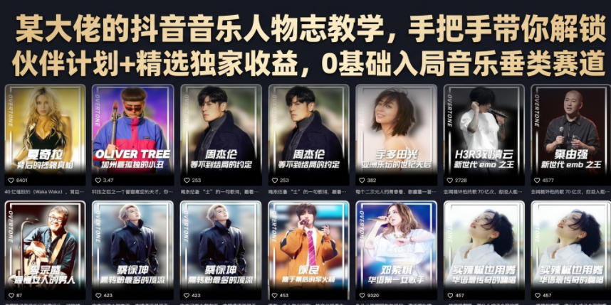 某大佬的抖音音乐人物志教学，手把手带你解锁伙伴计划+精选独家收益，0基础入局音乐垂类赛道-钱途社