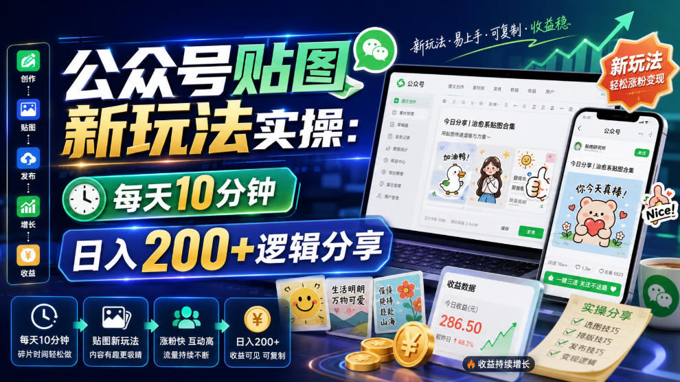 公众号贴图新玩法实操，每天10分钟，日入200+逻辑分享-钱途社