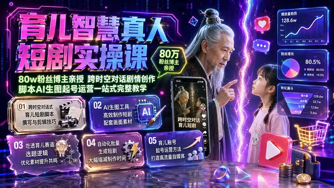 育儿智慧真人短剧实操课｜80w粉丝博主亲授，跨时空对话剧情创作，脚本AI生图起号运营一站式完整教学-钱途社