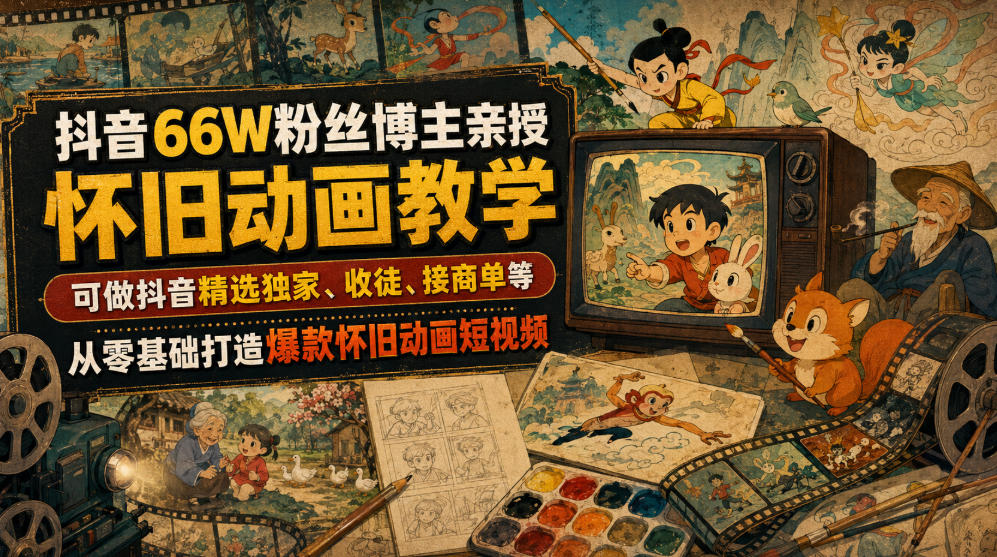 抖音66W粉丝博主亲授怀旧动画教学，可做抖音精选独家、收徒、接商单等，从零基础打造爆款怀旧动画短视频-钱途社