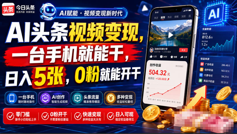 AI头条视频变现，一台手机就能干，日入5张，0粉就能开干-钱途社