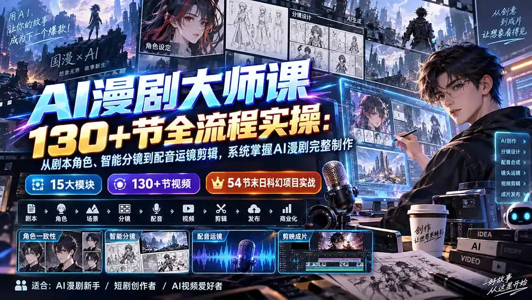 AI漫剧大师课130+节全流程实操：从剧本角色、智能分镜到配音运镜剪辑，系统掌握AI漫剧完整制作-钱途社