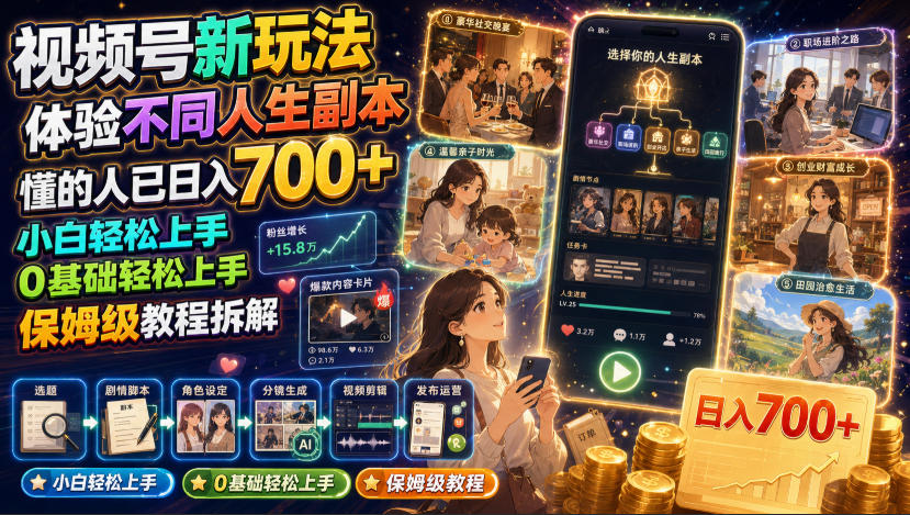视频号新玩法体验不同人生副本，懂的人已日入700+，小白轻松上手，0基础轻松上手，保姆级教程拆解-钱途社