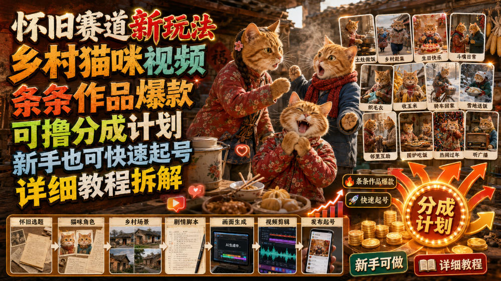 怀旧赛道新玩法，乡村猫咪视频，条条作品爆款，可撸分成计划，新手也可快速起号，详细教程拆解-钱途社