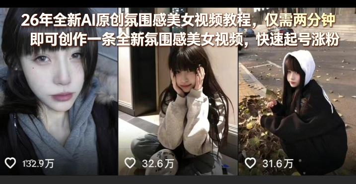 26年全新AI原创氛围感美女视频教程，仅需两分钟即可创作一条全新氛围感美女视频，快速起号涨粉-钱途社