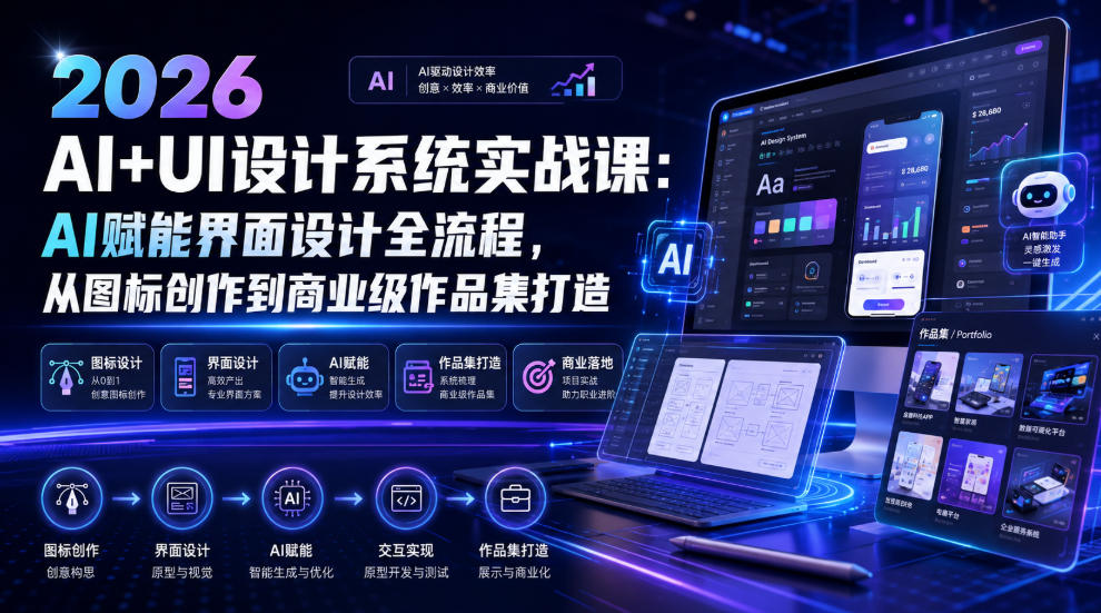 2026 AI+UI设计系统实战课：AI赋能界面设计全流程，从图标创作到商业级作品集打造-钱途社