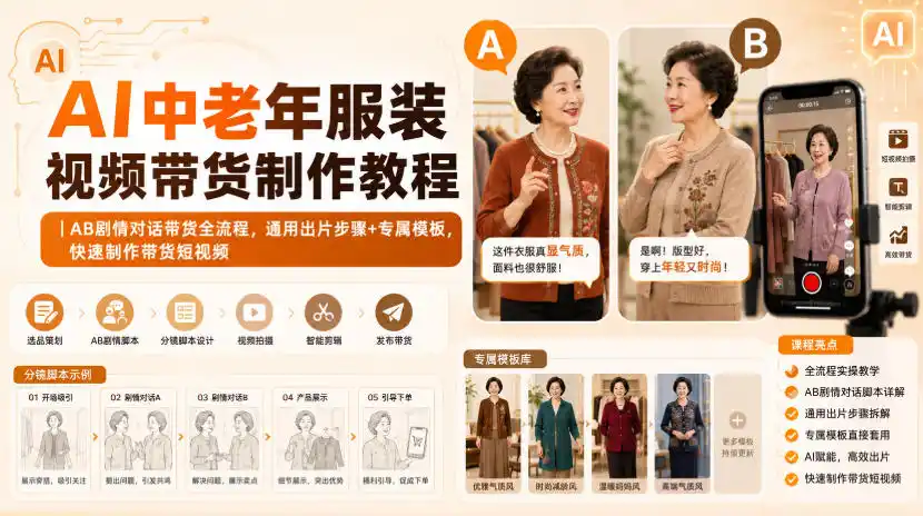 AI中老年服装视频带货制作教程｜AB剧情对话带货全流程，通用出片步骤+专属模板，快速制作带货短视频-钱途社
