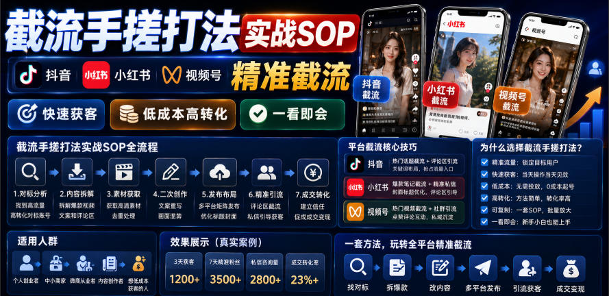 截流手搓打法实战SOP，抖音小红书视频号精准截流，快速获客，低成本高转化，一看即会-钱途社
