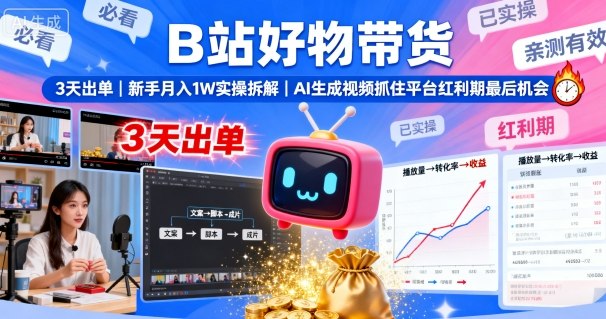 B站好物带货，3天出单，新手月入1W实操拆解，AI生成视频，抓住平台红利期最后机会-钱途社