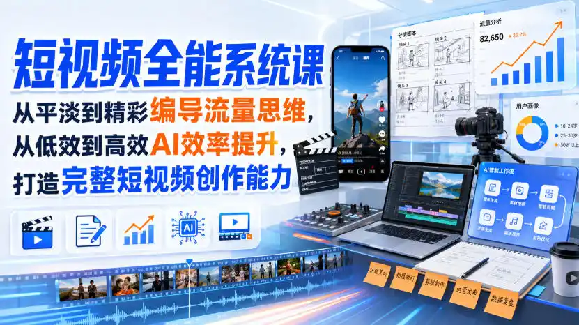短视频全能系统课，从平淡到精彩编导流量思维，从低效到高效AI效率提升，打造完整短视频创作能力(2026年8月30更新233集)-钱途社
