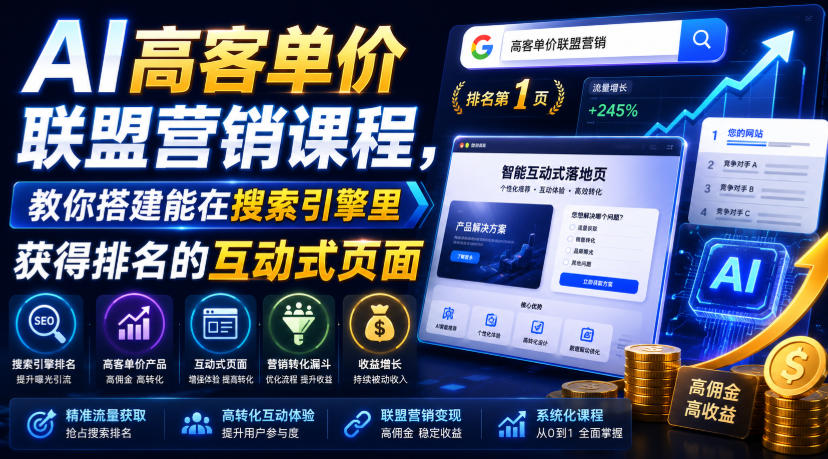 AI高客单价联盟营销课程，教你搭建能在搜索引擎里获得排名的互动式页面，引来流量，把访客转化为高佣金的成交【原创双语字幕】-钱途社