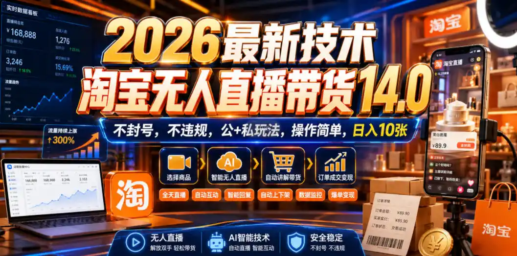 2026最新技术，淘宝无人直播带货14.0，不封号，不违规，公+私玩法，操作简单，日入10张【揭秘】-钱途社