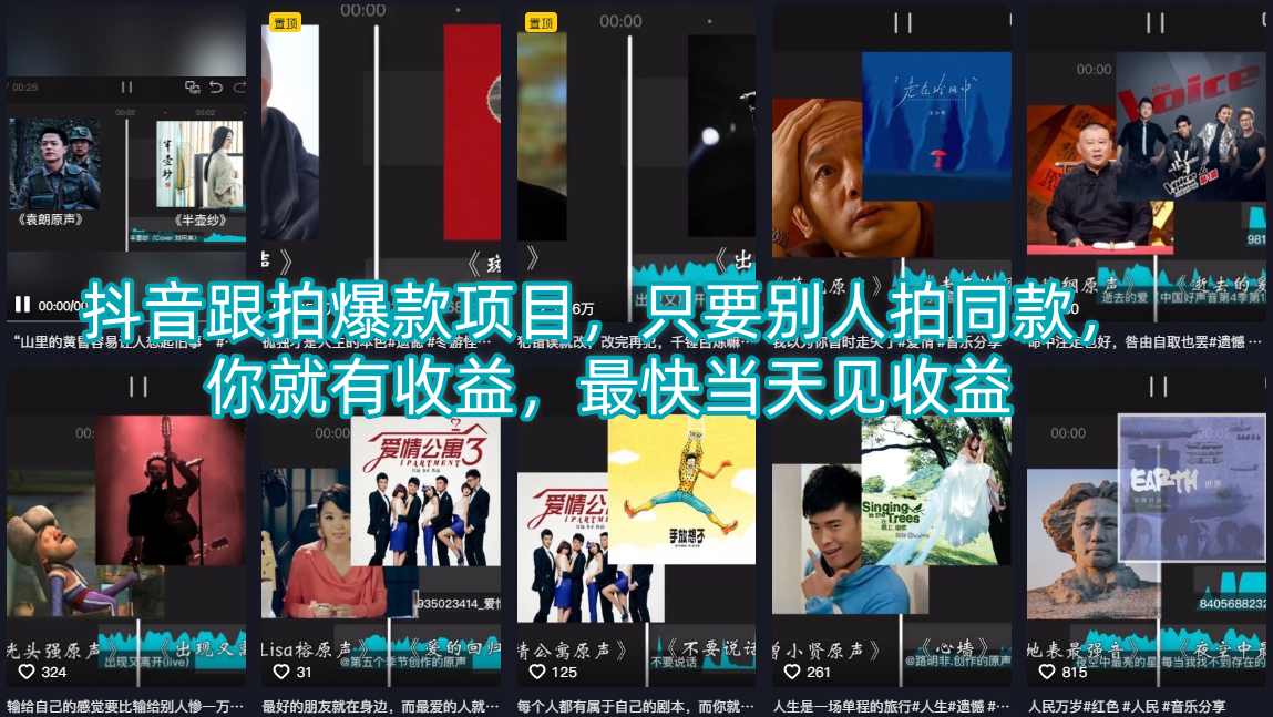 抖音跟拍爆款项目，只要别人拍同款，你就有收益，最快当天见收益-钱途社