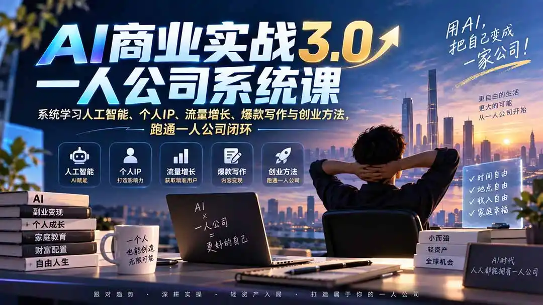 AI商业实战3.0一人公司系统课：系统学习人工智能、个人IP、流量增长、爆款写作与创业方法，跑通一人公司闭环-钱途社