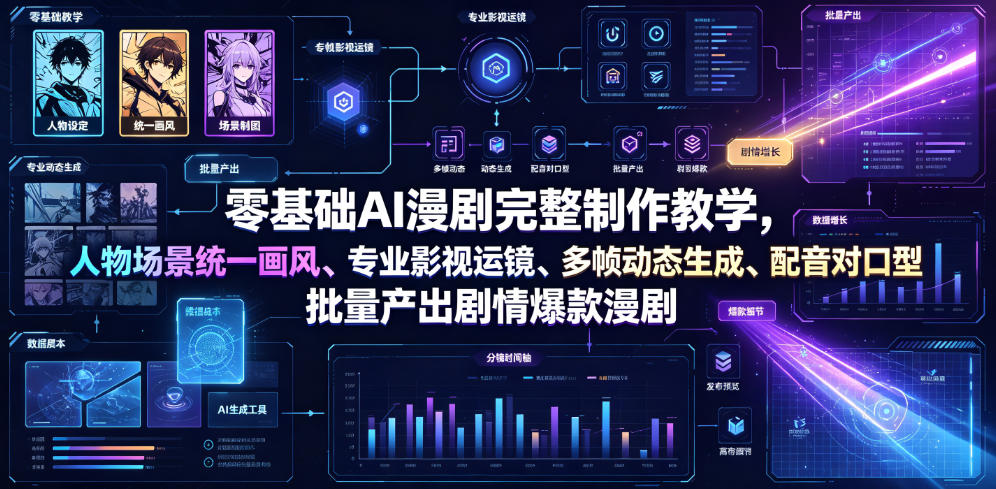零基础AI漫剧完整制作教学，人物场景统一画风、专业影视运镜、多帧动态生成、配音对口型，批量产出剧情爆款漫剧-钱途社