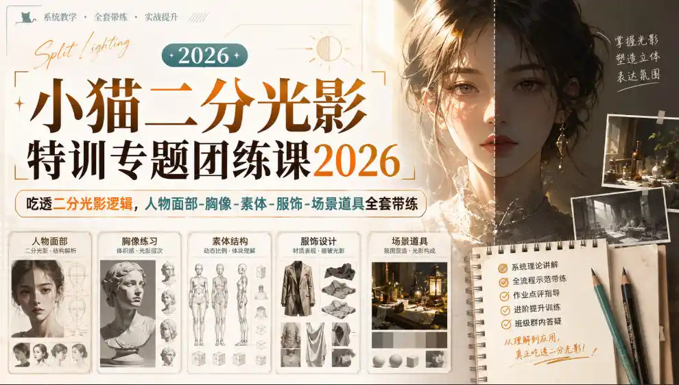 小猫二分光影特训专题团练课2026｜吃透二分光影逻辑，人物面部‑胸像‑素体‑服饰‑场景道具全套带练，高清画质附赠课件与笔刷-钱途社