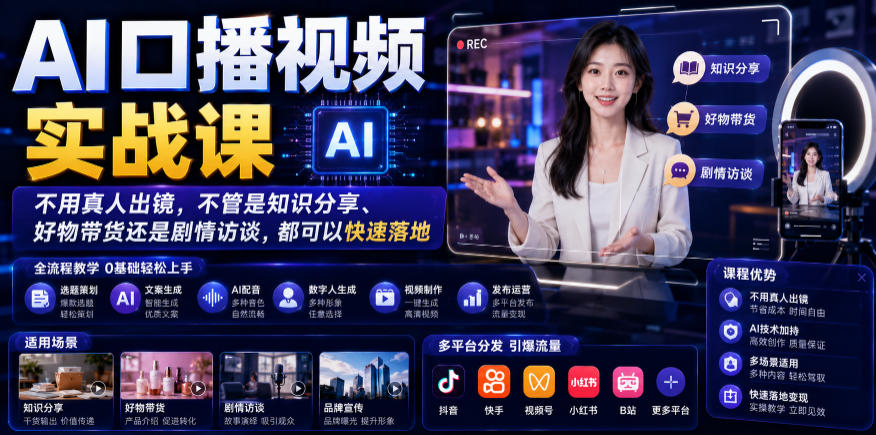 AI口播视频实战课，不用真人出镜，不管是知识分享、好物带货还是剧情访谈，都可以快速落地-钱途社
