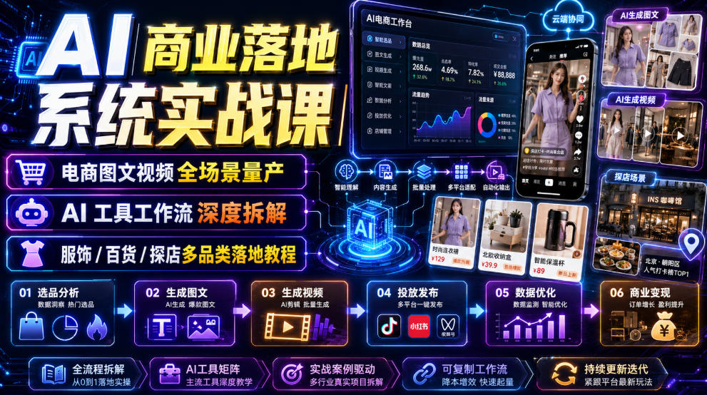 AI商业落地系统实战课｜电商图文视频全场景量产・AI工具工作流深度拆解・服饰/百货/探店多品类落地教程-钱途社