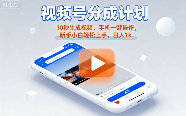 视频号分成计划懒人玩法，10秒生成视频，手机一键操作，新手小白轻松上手，日入1K【揭秘】-钱途社