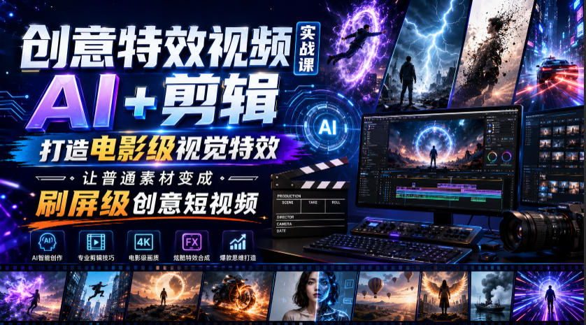创意特效视频实战课，AI+剪辑打造电影级视觉特效，让普通素材变成刷屏级创意短视频-钱途社