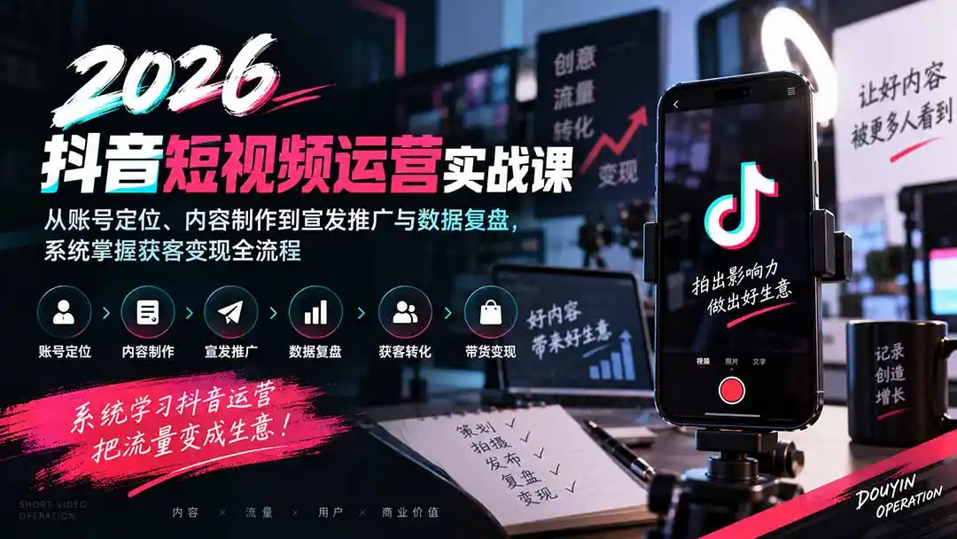 2026抖音短视频运营实战课：从账号定位、内容制作到宣发推广与数据复盘，系统掌握获客变现全流程-钱途社
