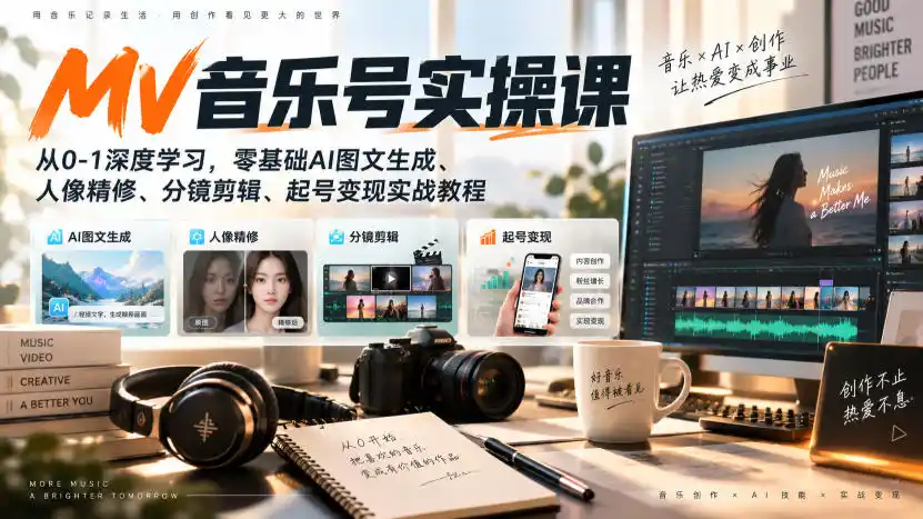 AI MV音乐号实操课，从0-1深度学习，零基础AI图文生成、人像精修、分镜剪辑、起号变现实战教程-钱途社