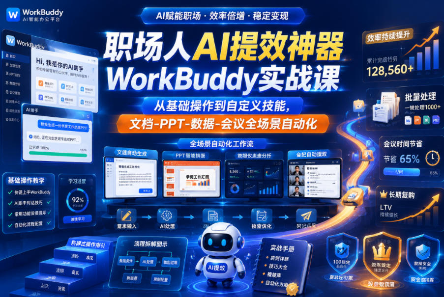 职场人AI提效神器WorkBuddy实战课，从基础操作到自定义技能，文档-PPT-数据-会议全场景自动化-钱途社