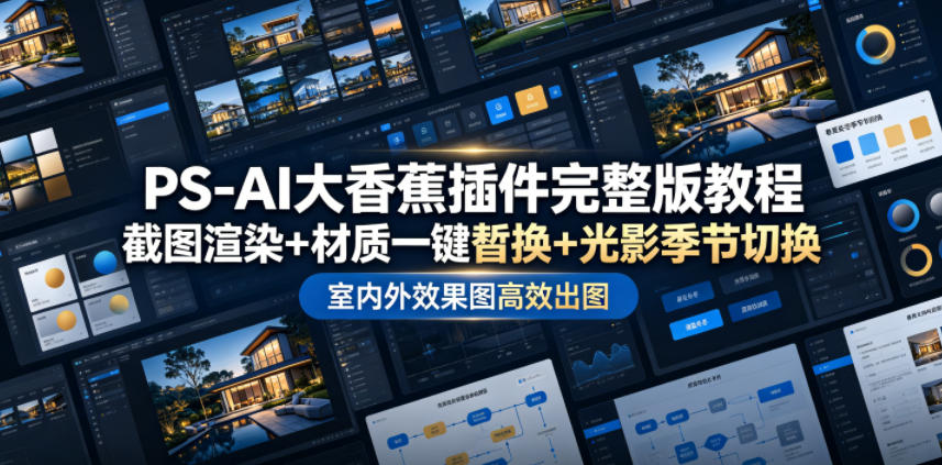 PS-AI大香蕉插件完整版教程，截图渲染+材质一键替换+光影季节切换，室内外效果图高效出图高阶课程-钱途社