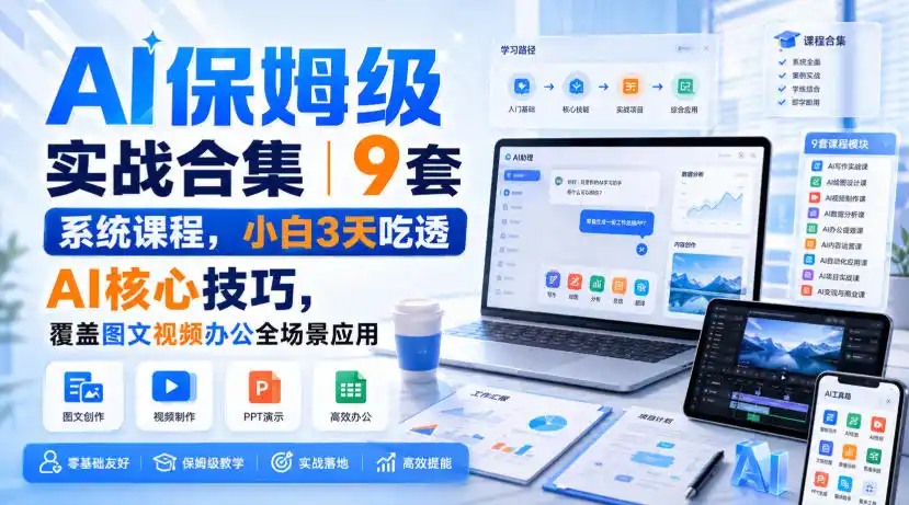 AI保姆级实战合集｜9套系统课程，小白3天吃透AI核心技巧，覆盖图文视频办公全场景应用-钱途社