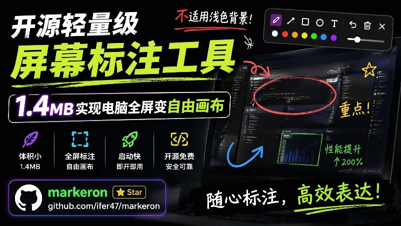 开源轻量级屏幕标注工具，1.4MB实现电脑全屏变自由画布！支持8种标注工具和全键盘操控MarkerOn-钱途社
