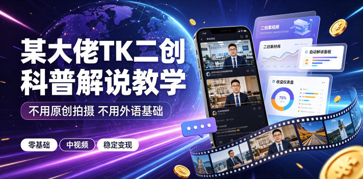 某大佬TK二创科普解说教学，不用原创拍摄不用外语基础，零基础做TikTok中视频稳定变现-钱途社