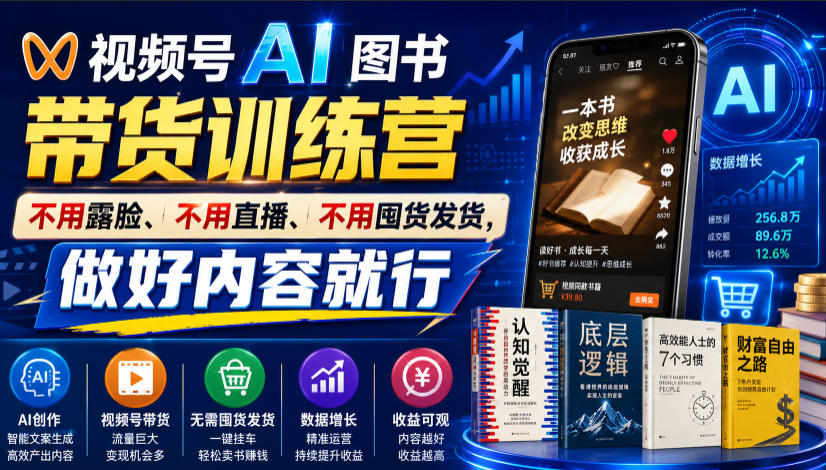 视频号AI图书带货训练营，不用露脸、不用直播、不用囤货发货，做好内容就行，一条爆款视频佣金8942-钱途社
