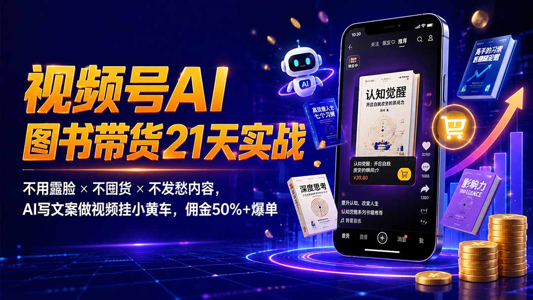 繁花视频号AI图书带货21天实战：不用露脸×不囤货×不发愁内容，AI写文案做视频挂小黄车，佣金50%+爆单-钱途社