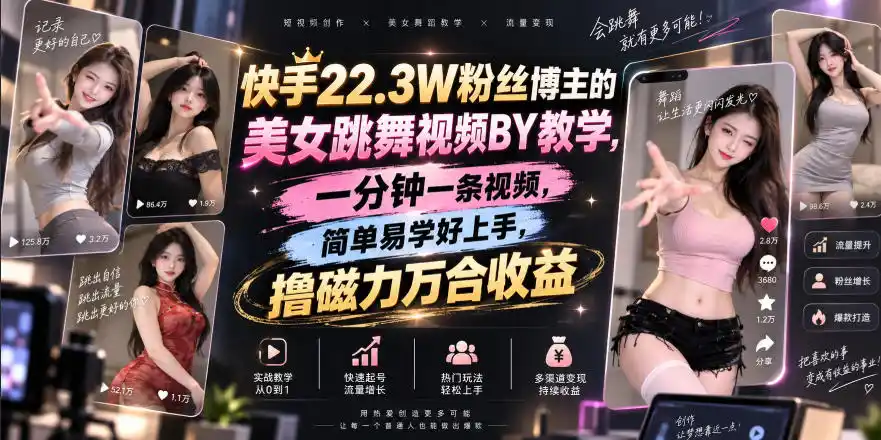 快手22.3W粉丝博主的美女跳舞视频搬运教学，快手MT搬运，一分钟一条视频，简单易学好上手，撸磁力万合收益-钱途社